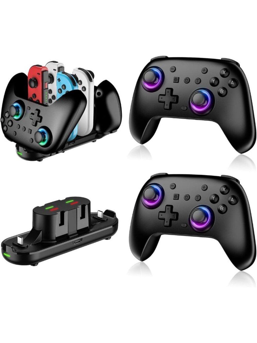 Wireless Switch Controllers 2-Pack with Charging Dock, RGB, Dual Vibration